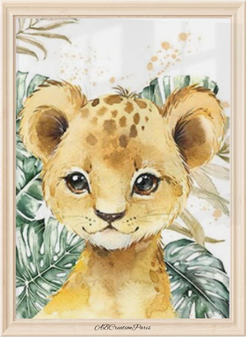 affiche representant un petit lion et des feuillages en arriere plan