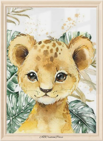 affiche representant un petit lion et des feuillages en arriere plan