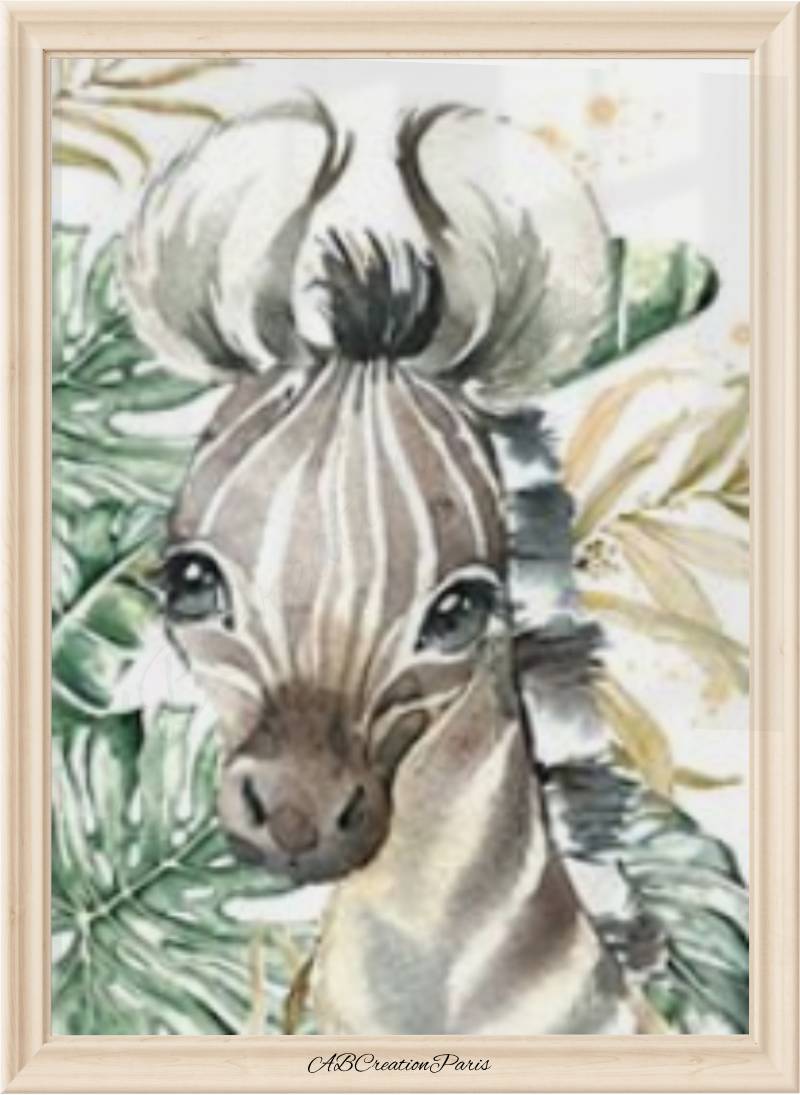 affiche representant un petit zebre et des feuillages en arriere plan