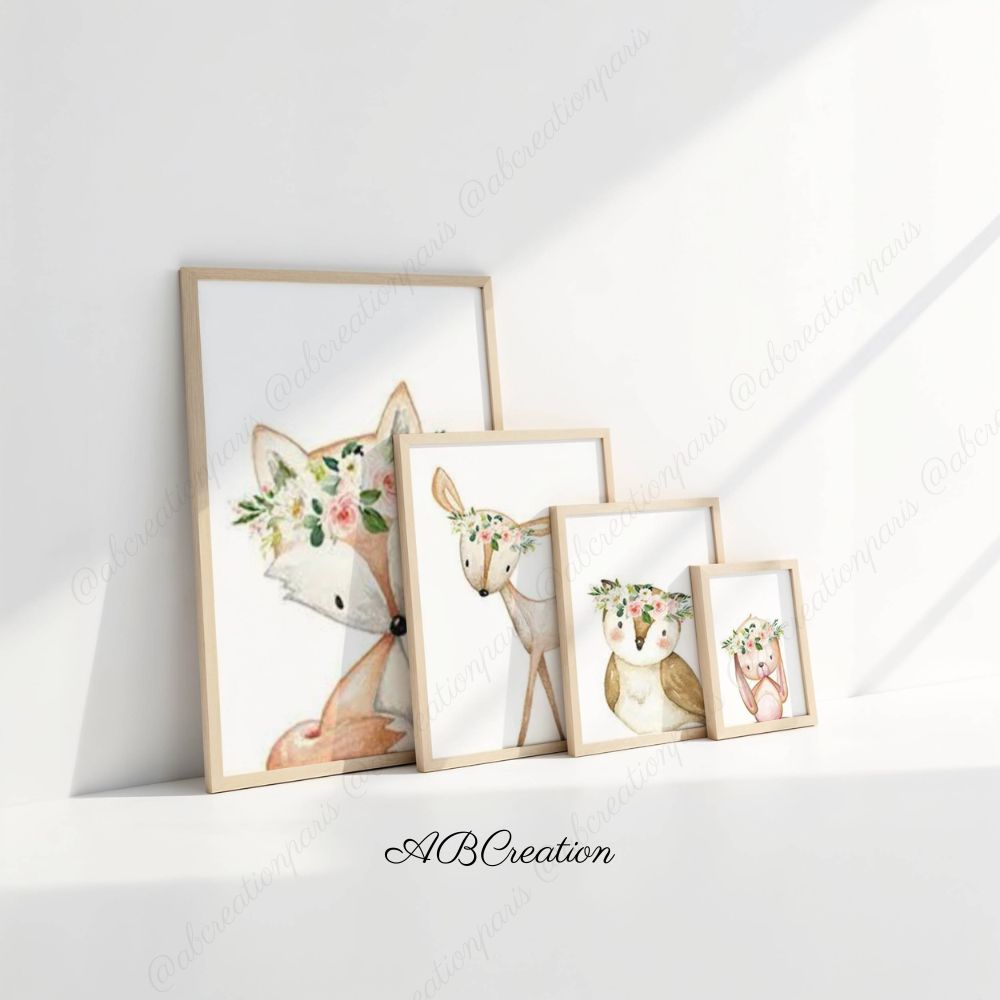 tableau animaux de la foret pour chambre bébé ou chambre enfant fille