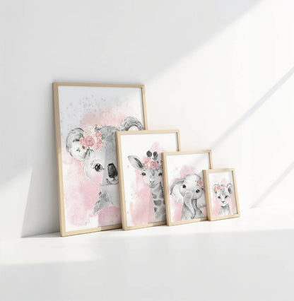 set de 4 affiches animaux de la savane coloris rose 