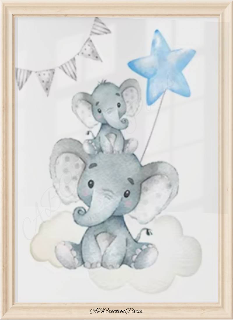Poster chambre bebe elephant et toile bleu ciel 
