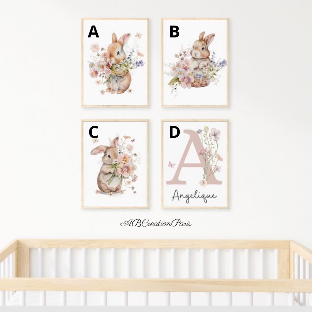 Tableau lapin et prénom personnalisé. Décoration bébé fille 