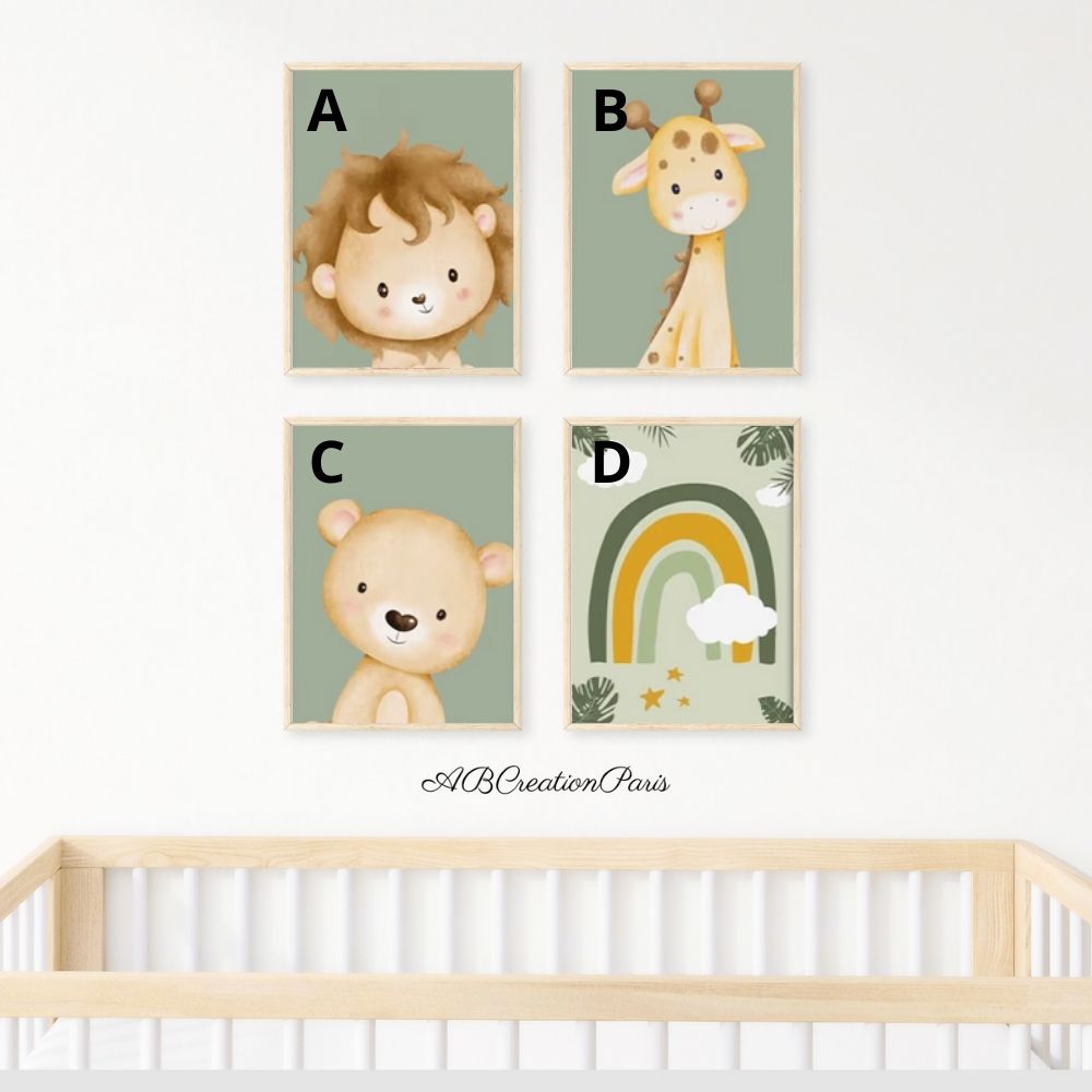 Affiche animaux minimaliste et fond vert pour chambre bébé 