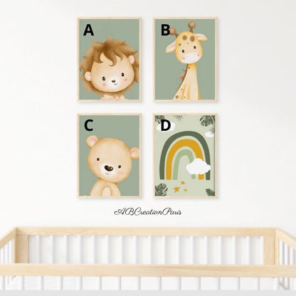 Affiche animaux minimaliste et fond vert pour chambre bébé 