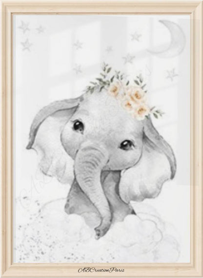 Affiche éléphant bébé avec fleurs et nuages - décoration murale safari pour chambre de bébé
