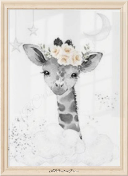 Affiche girafe bébé sur nuage avec fleurs - déco savane personnalisable pour chambre enfant