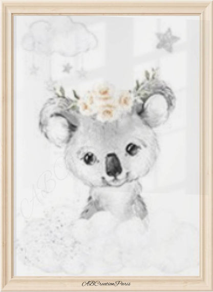 Affiche koala bébé avec couronne florale sur nuage - style jungle pour décoration bébé fille