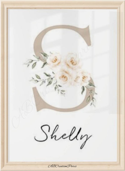 Affiche personnalisée avec initiale et prénom floral - décoration murale chambre bébé fille