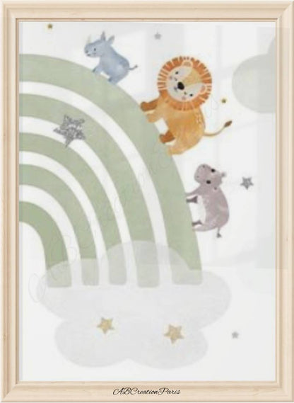 Affiche arc en ciel vert d'eau avec animaux