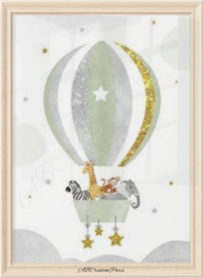 affiche mongolfiere verte chambre enfant 