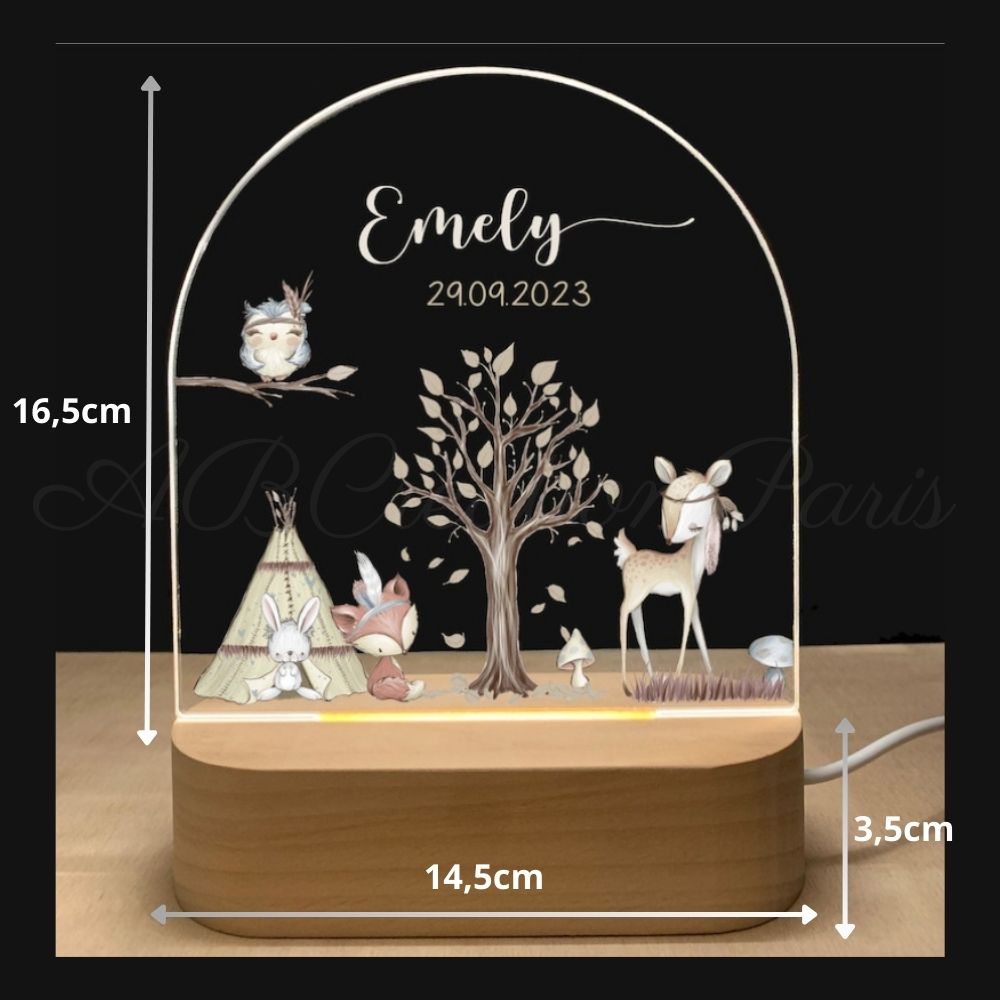 Veilleuse bébé personnalisation prénom, date de naissance et animaux de la foret 