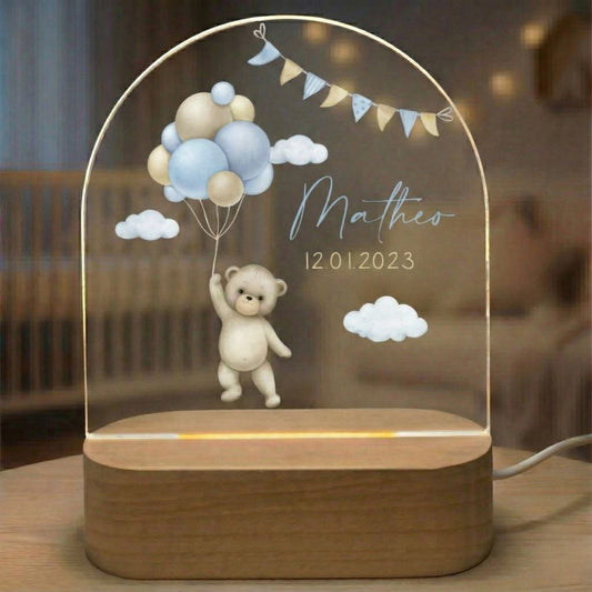 Personalisiertes Baby-Nachtlicht mit Bär und blauen Luftballons
