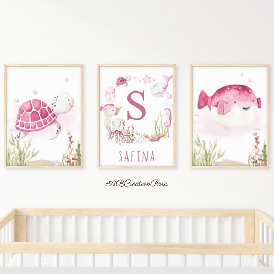 trio d'affiche murale theme marin animaux rose