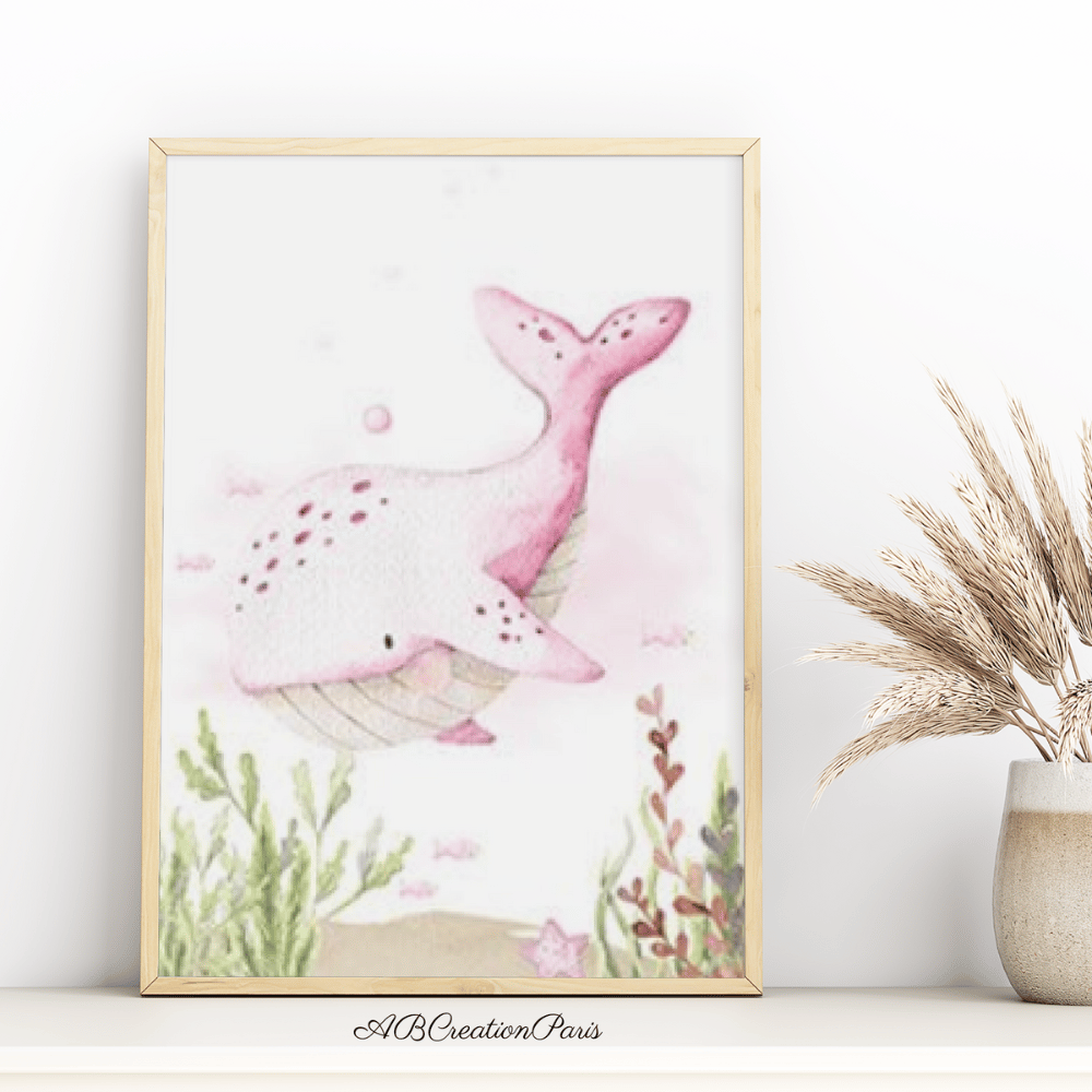 affiche illustration baleine rose