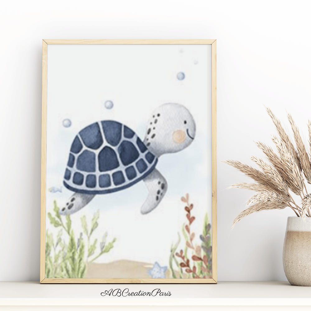 affiche theme marin tortue bleu