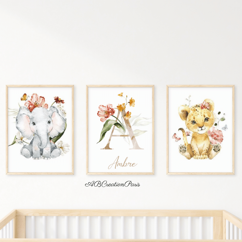 trio d'affiche pour chambre enfant theme jungle et prenom personnalisée