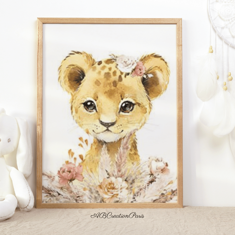 affiche lion chambre enfant beige