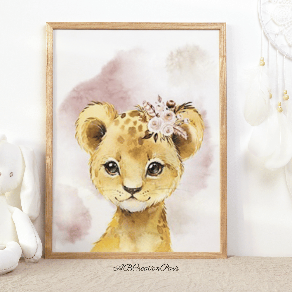 affiche chambre fille représentant un lion en aquarelle