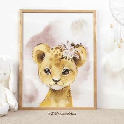 affiche chambre fille représentant un lion en aquarelle