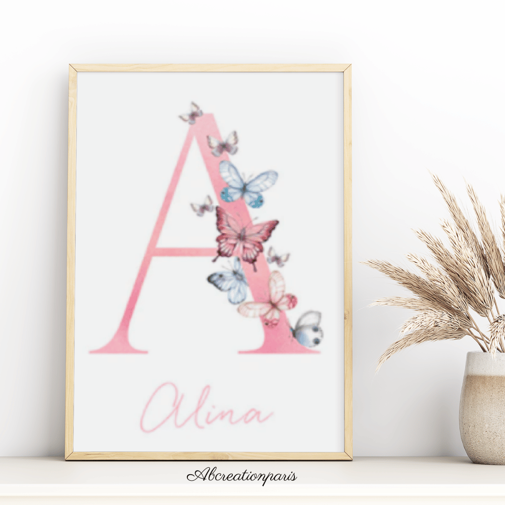 affiche prénom personnalisée initiale rose et papillons  