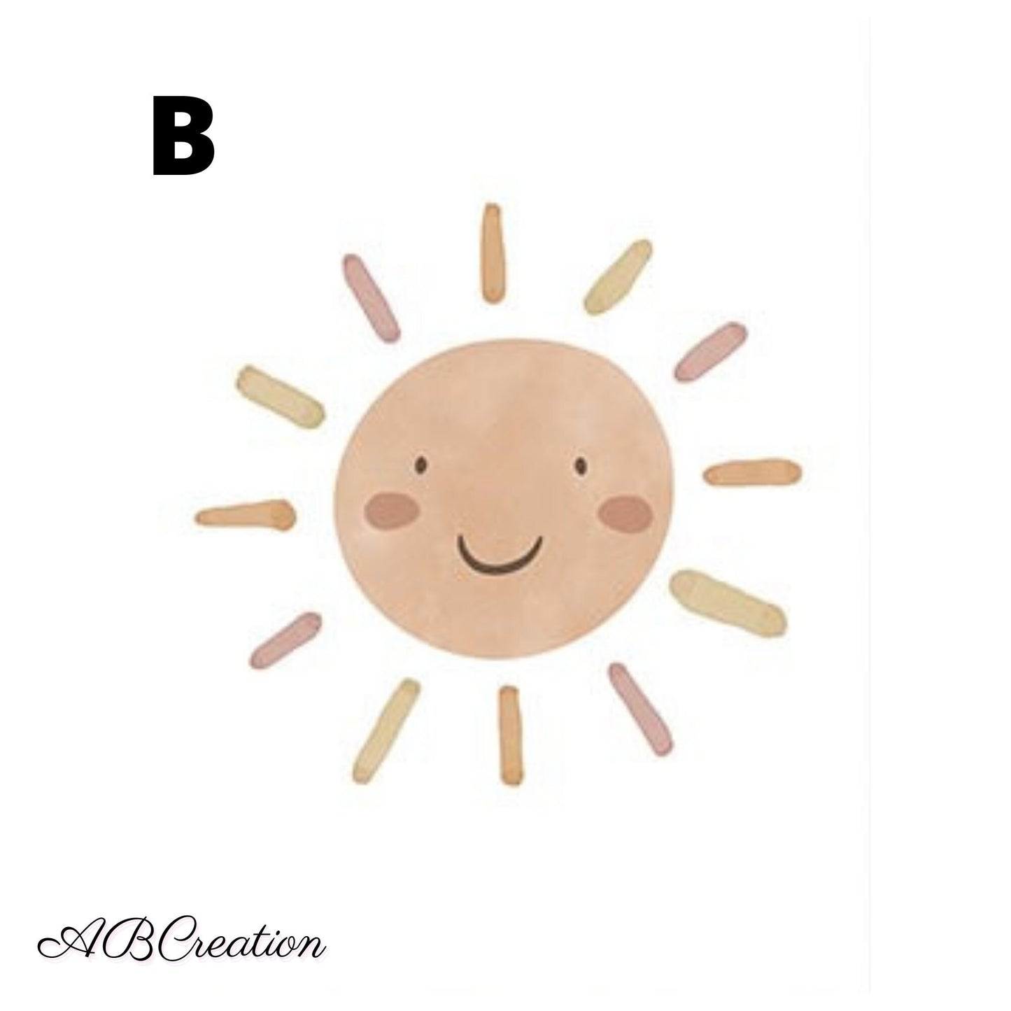 Poster soleil souriant pour enfant – illustration météo douce en tons pastel pour chambre bébé