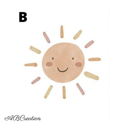 Poster soleil souriant pour enfant – illustration météo douce en tons pastel pour chambre bébé