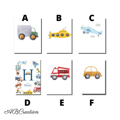 illustration véhicule en aquarelle et affiche personnalise thème voiture et avion avec le prénom de l'enfant 