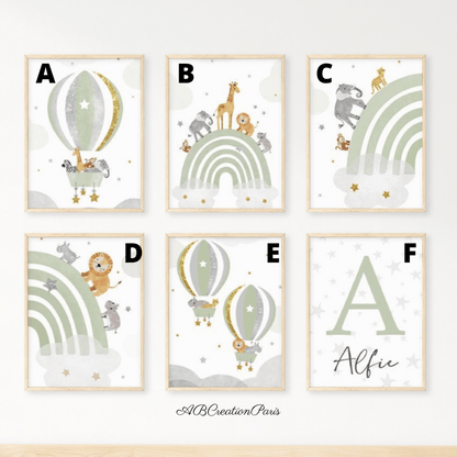 illustration arc en ciel et mongolfiere pour chambre bebe vert d'eau