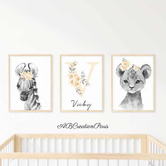 Set 3 affiches Personnalisées - Lion Girafe Eléphant Zèbre Jaune