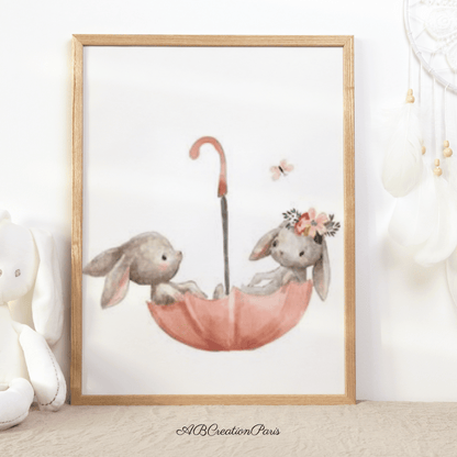 deux lapin dans un parapluie