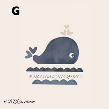 affiche baleine et mer bleu, petit coeur gris