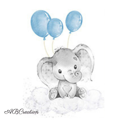 décoration murale chambre enfant, affiche éléphant tenant trois ballons bleus, idéal pour offrir en cadeau de naissance garçon 