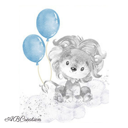 Affiche murale lion assis sur un nuage avec deux ballons bleus, illustration douce pour décoration chambre bébé garçon. Idéal comme cadeau de naissance personnalisé.