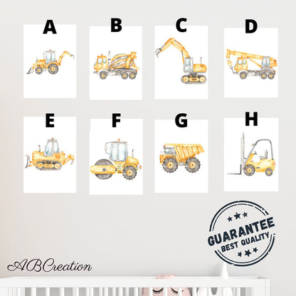 affiche vehicule de construction jaune decoration chambre enfant 