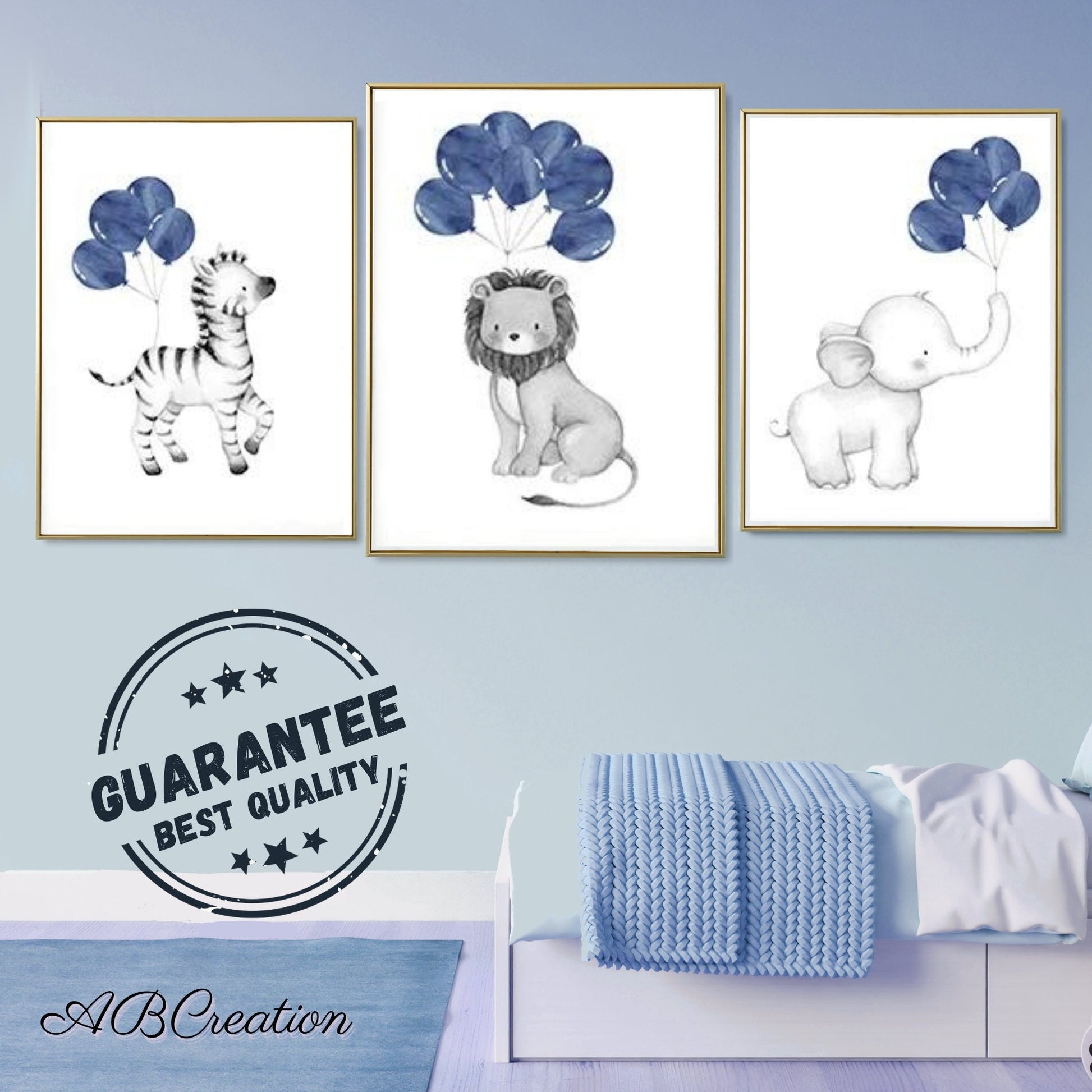 illustration animaux avec ballon bleu pour decorer la chambre d'un petit garcon