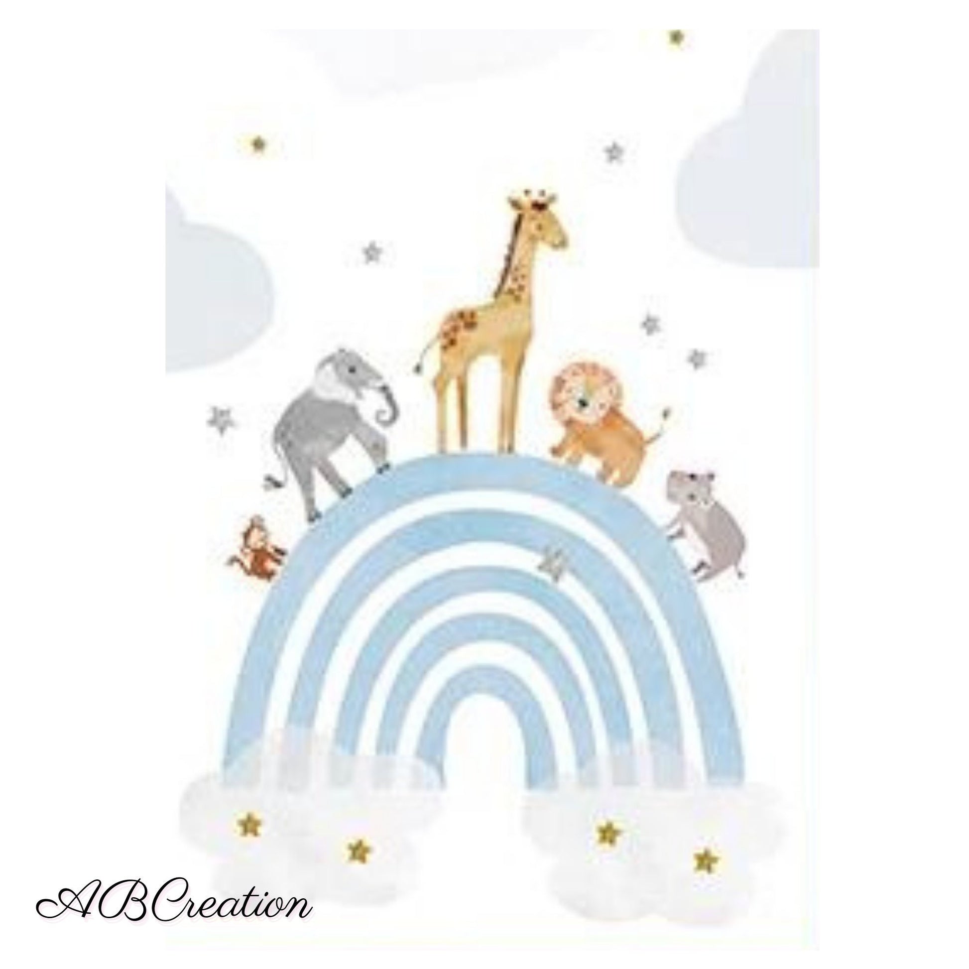 affiche avec un arc en ciel bleu et des bebe animaux dessus