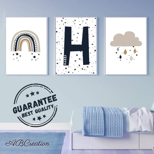 Personalisiertes Regenbogen-Poster-Set mit Vornamen – originelles Geschenk zur Geburt eines Jungen – Dekoration für das Zimmer eines Jungen