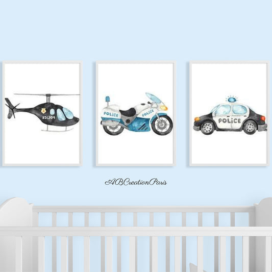 illustration theme police chambre enfant, vehicule de police 